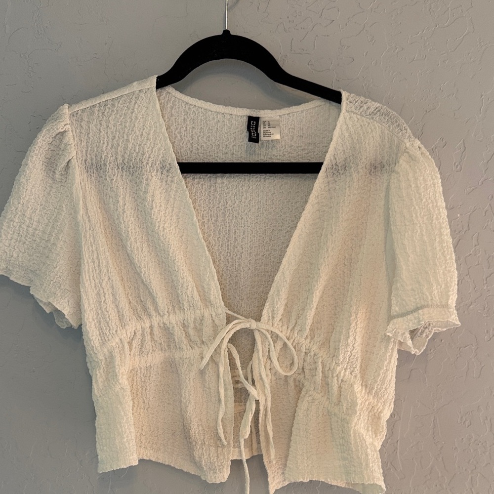 H&M Cream Textured Tie-Front Blouse